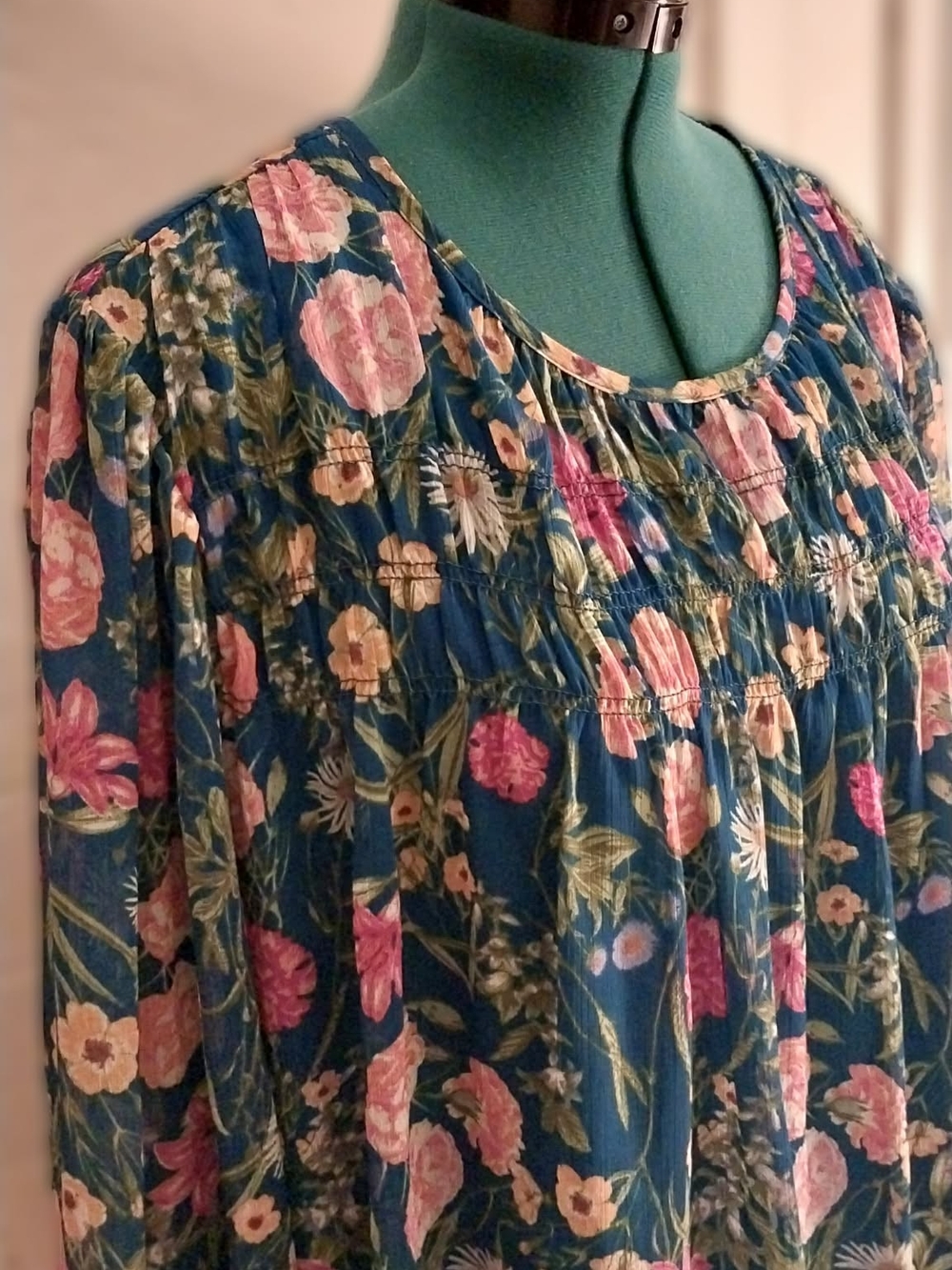Terra & Sky Teal Floral Pintuck Peasant Top